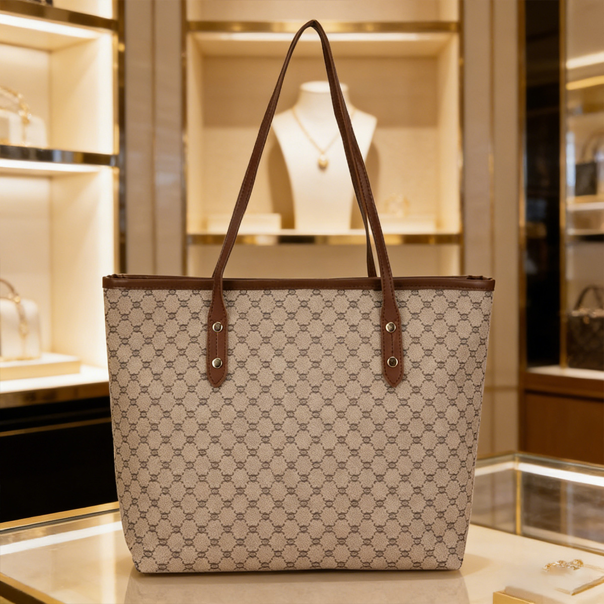 Tote Bag Leather Monogram - กระเป๋าโท้ทผู้หญิงสไตล์วินเทจสุดหรู พิมพ์ลายโมโนแกรม ตกแต่งหมุด หนัง PU กระเป๋าสะพายไหล่